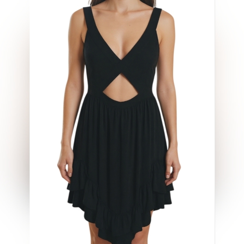 FP Beach Black Gauze Keyhole Cutout Button Back Triangle Hem Dress Sz SP